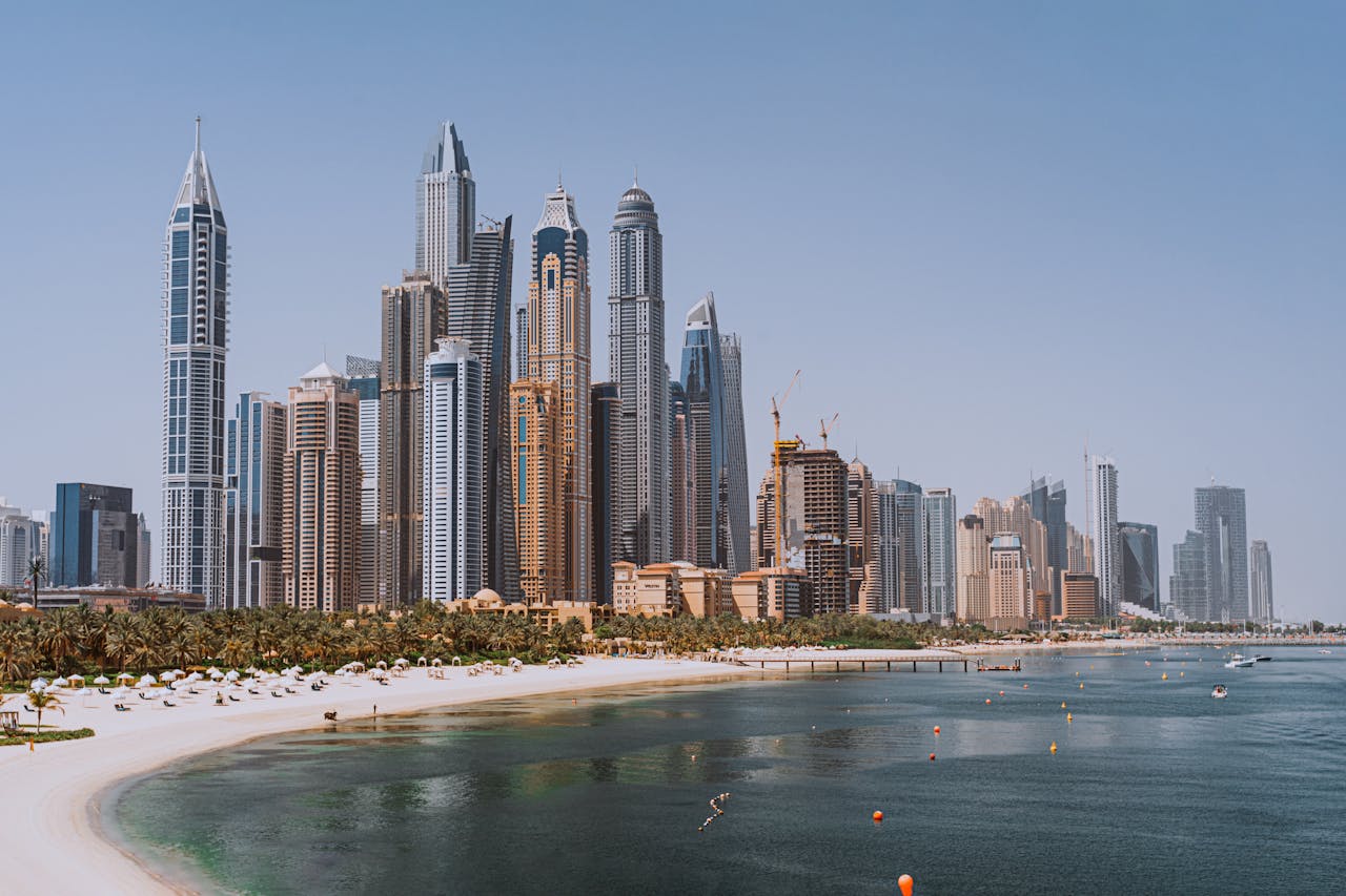 A breathtaking view of Dubai's iconic skyline with modern skyscrapers against a clear blue sky.